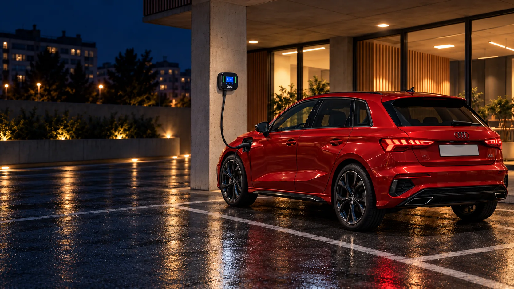 Imagen ilustrativa de un Audi A3 Sportback TFSI e rojo conectado a un Ohme Home Pro en un aparcamiento de oficinas, de noche y con el cable elevado