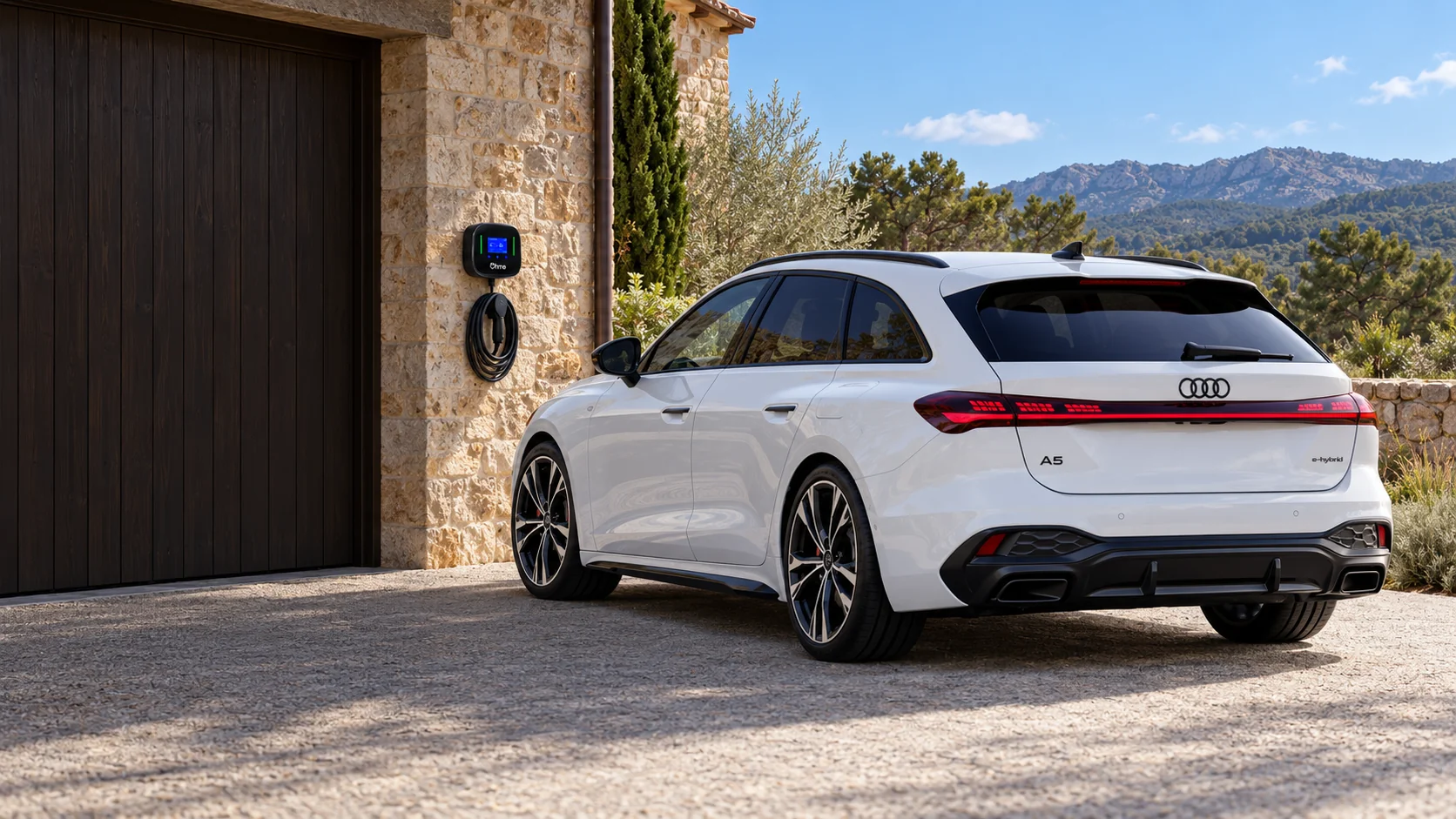 Audi A5 Avant e-hybrid blanco aparcado de día junto a una vivienda de piedra y un Ohme Home Pro con el cable recogido, sin conectar. Escena ilustrativa generada con IA.