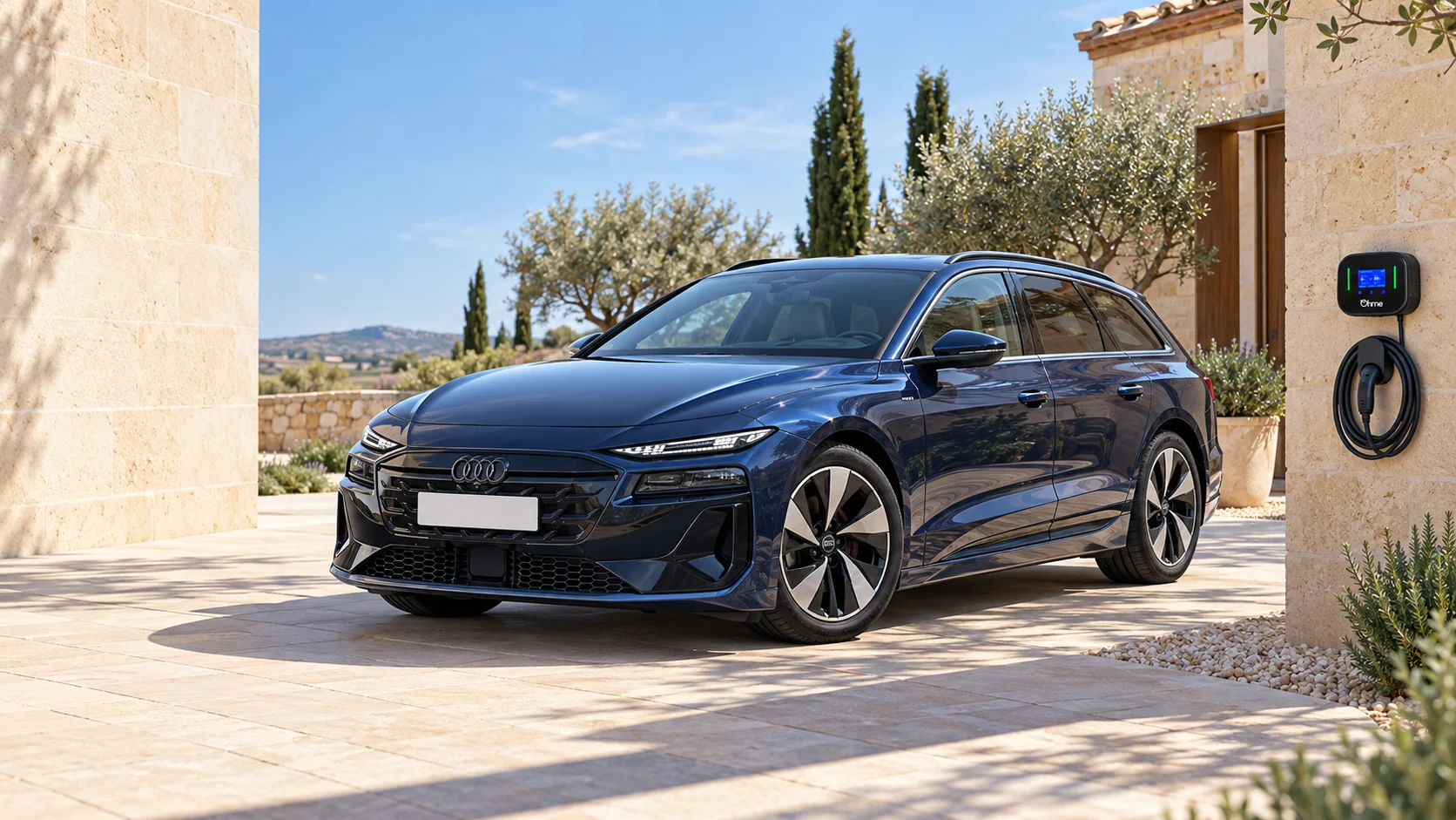Audi A6 Avant e-tron azul aparcado de día en un patio de piedra junto a un Ohme Home Pro, sin conectar y con el cable recogido. Escena ilustrativa generada con IA.