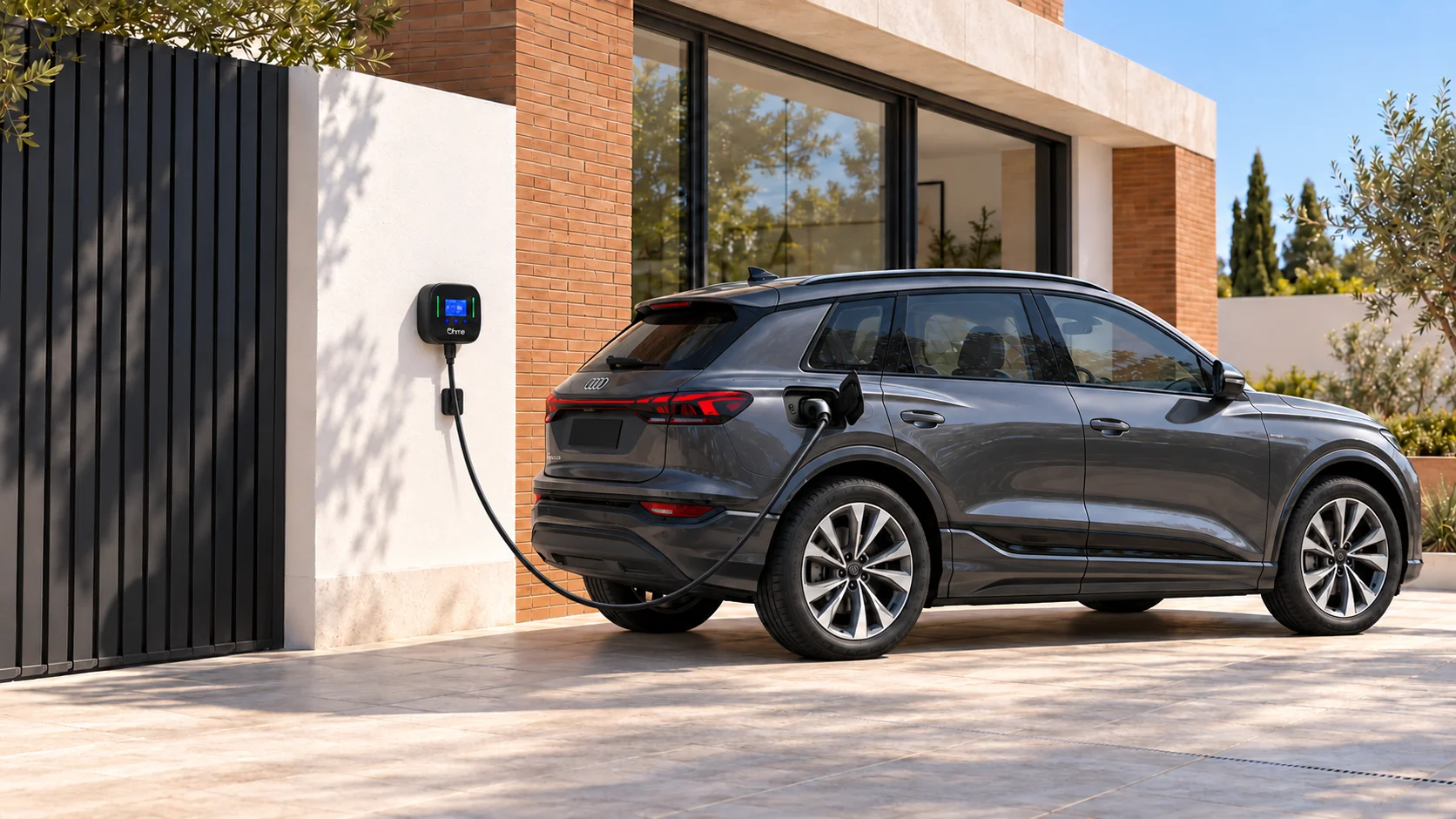 Audi Q6 e-tron gris conectado a un Ohme Home Pro, con el cable elevado, en un patio residencial de día. Escena ilustrativa generada con IA.