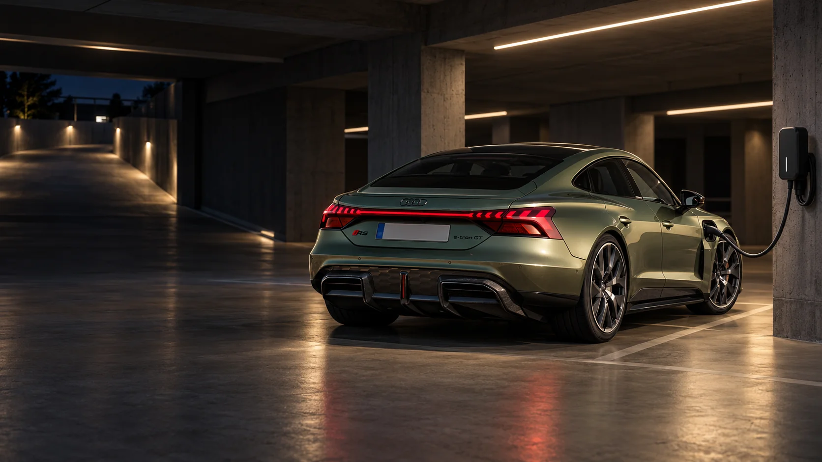 Imagen ilustrativa de un Audi RS e-tron GT verde cargando en un garaje interior de noche, con el cable elevado sobre el suelo