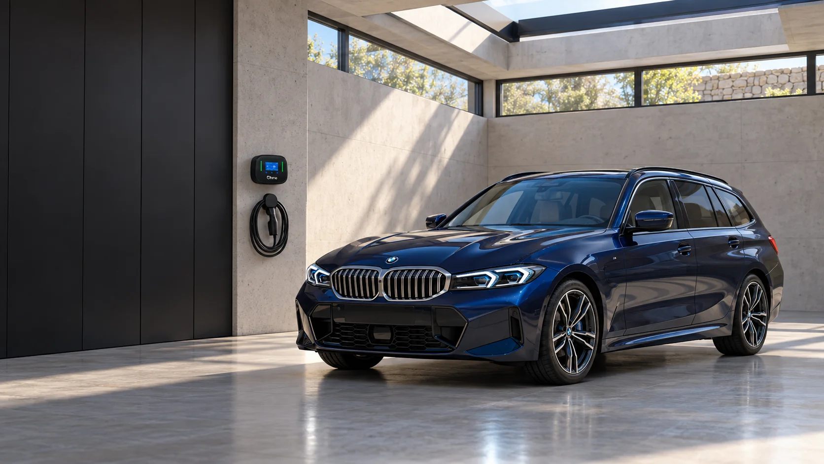 BMW 330e Touring azul junto a un Ohme Home Pro con el cable recogido en un garaje de día. Escena ilustrativa generada con IA.