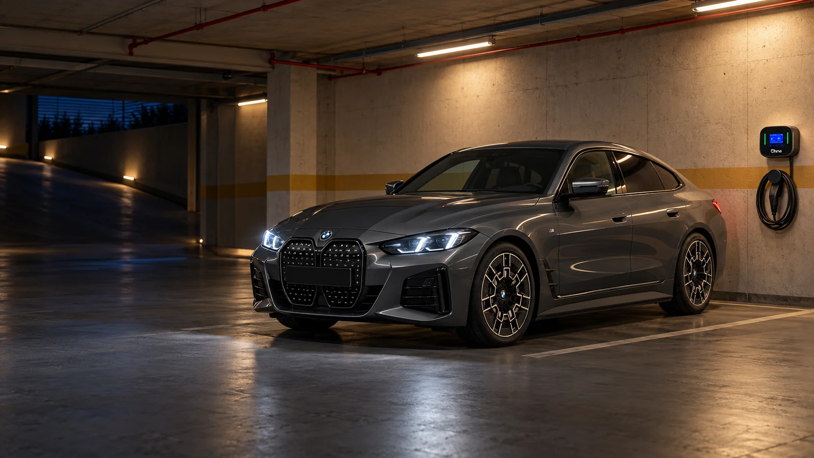 BMW i4 gris Dravit aparcado sin conectar junto a un Ohme Home Pro con el cable recogido en un garaje nocturno. Escena ilustrativa generada con IA.