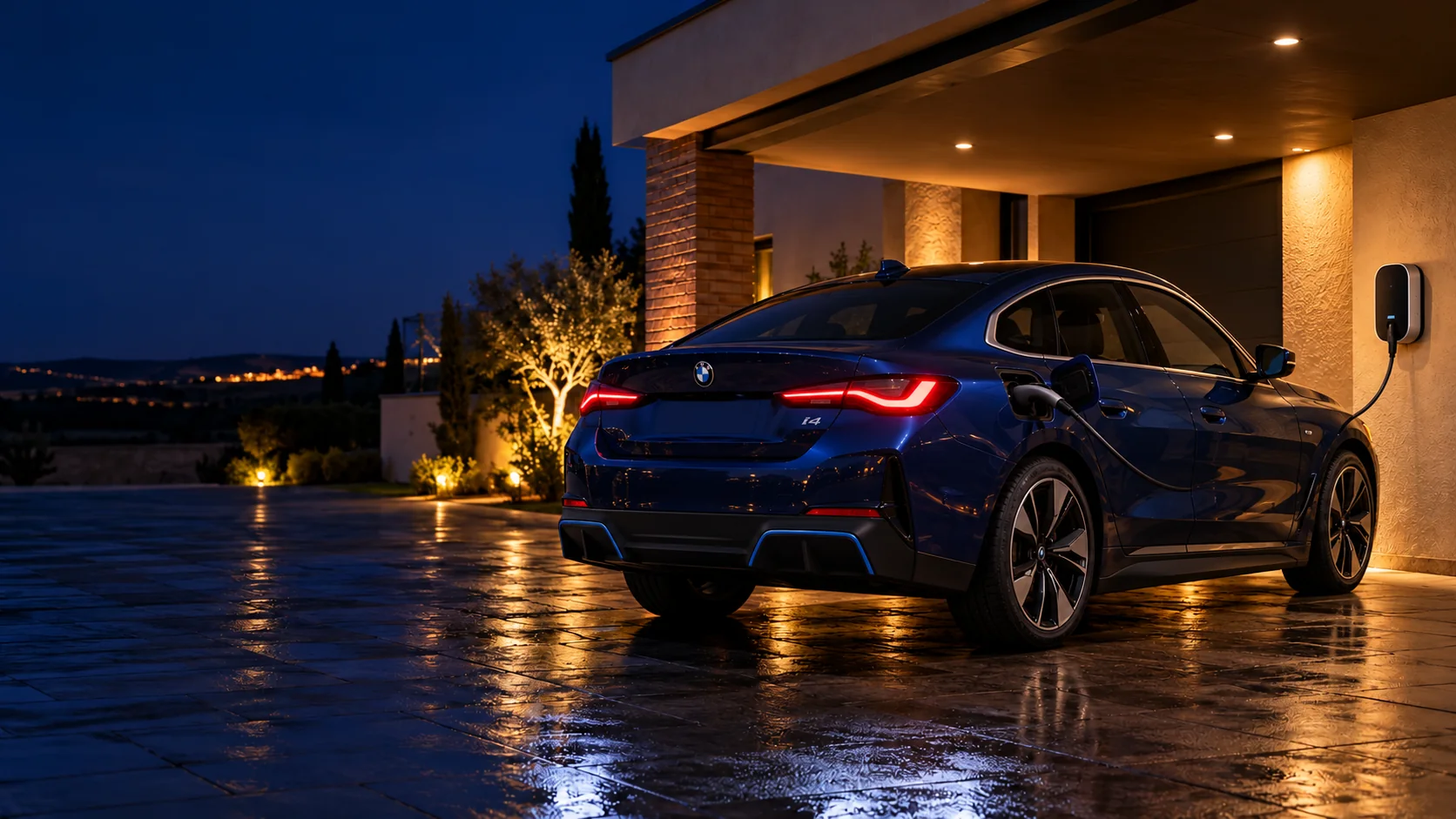 Imagen ilustrativa de un BMW i4 azul cargando de noche con el cable elevado del suelo