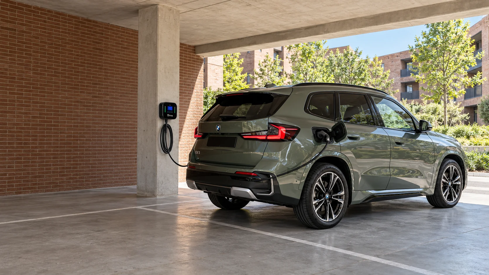 BMW iX1 eléctrico verde conectado a un Ohme Home Pro en un garaje comunitario con luz de día y el cable suspendido sobre el suelo. Escena ilustrativa generada con IA.
