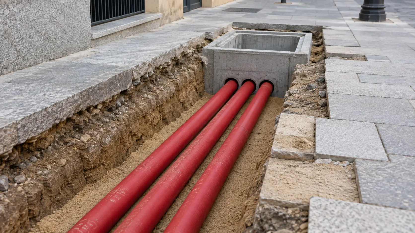 Canalizaciones eléctricas preparadas en una zanja de urbanización
