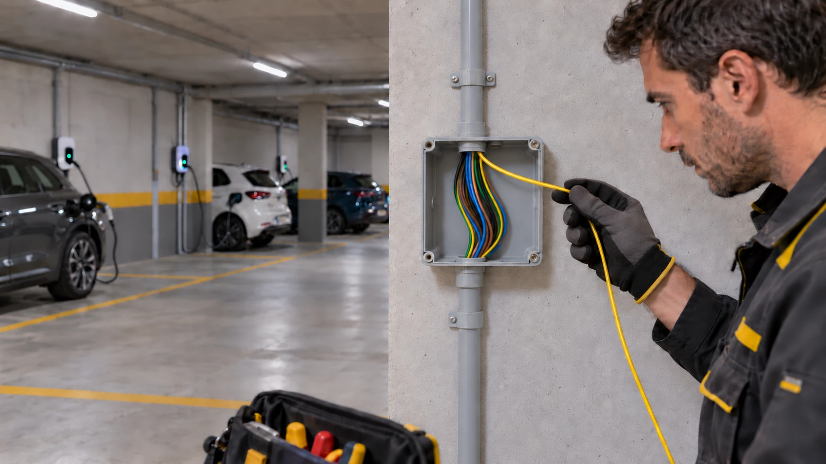 Ilustración de un técnico revisando una canalización con varios cables en un garaje con cargadores eléctricos