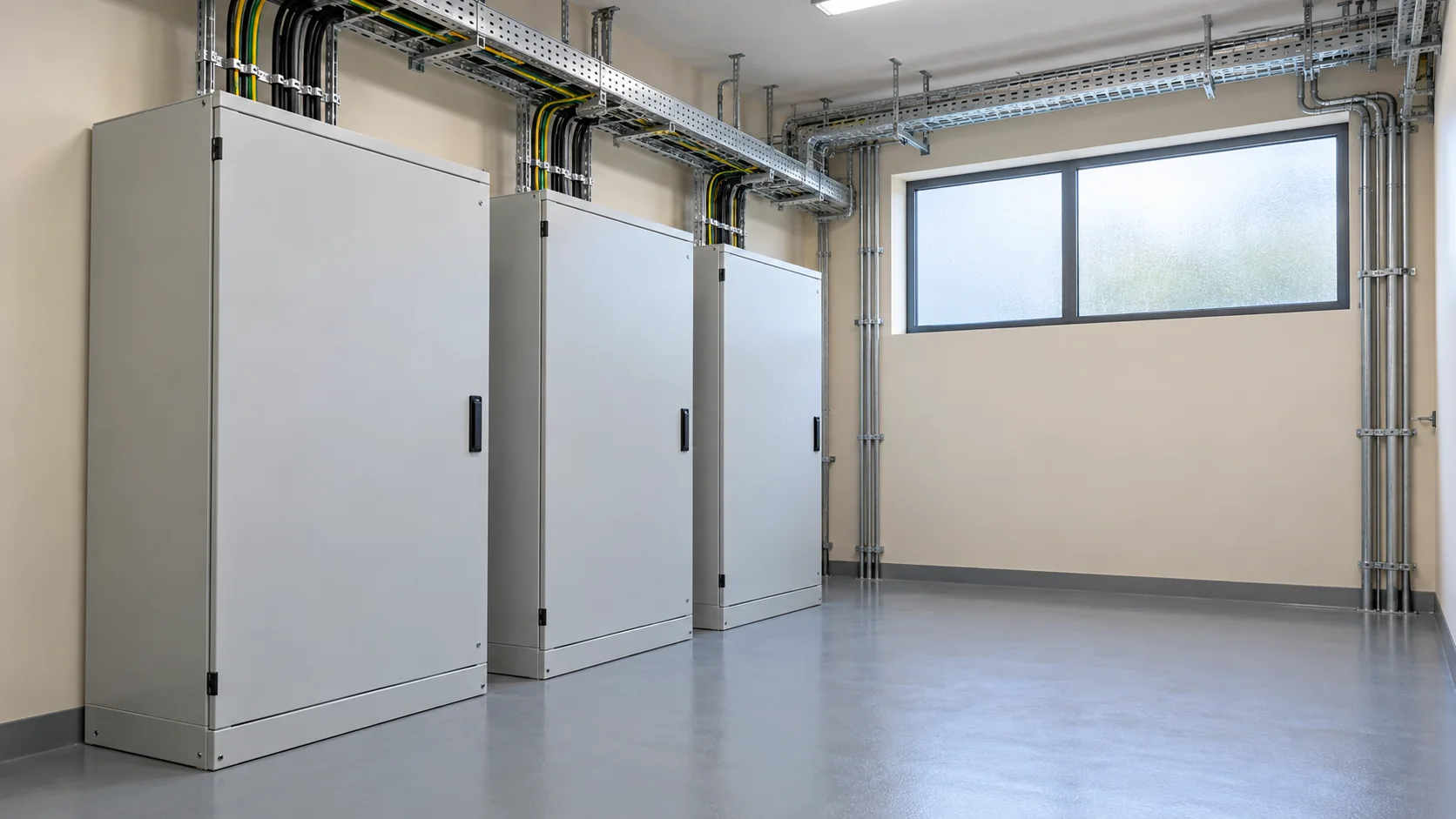 Distribución eléctrica en un cuarto técnico interior de un edificio
