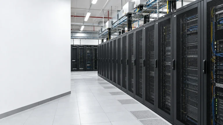 Pasillo de una sala de servidores con distribución eléctrica superior