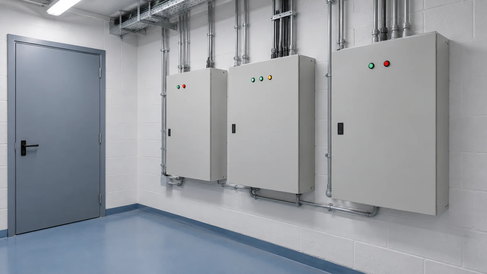 Cuadros eléctricos cerrados en una sala técnica de edificio público