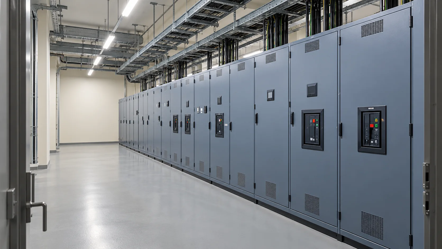 Sala técnica interior con cuadros eléctricos cerrados y bandejas superiores