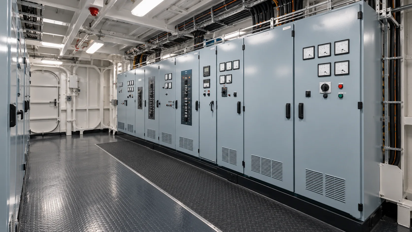Sala eléctrica interior de un buque con paneles cerrados y pavimento antideslizante