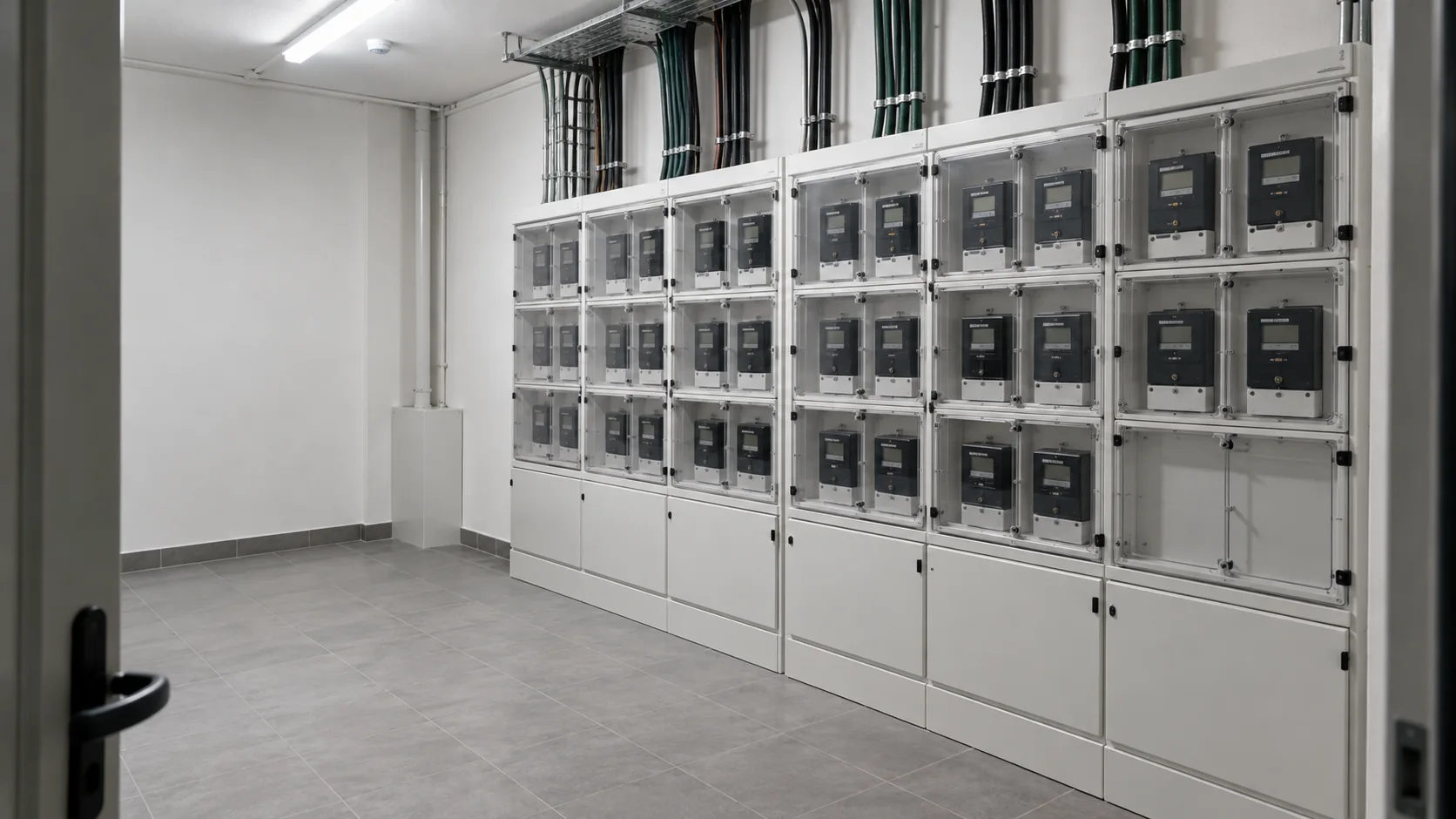 Centralización de contadores y distribución eléctrica en un cuarto técnico interior de edificio