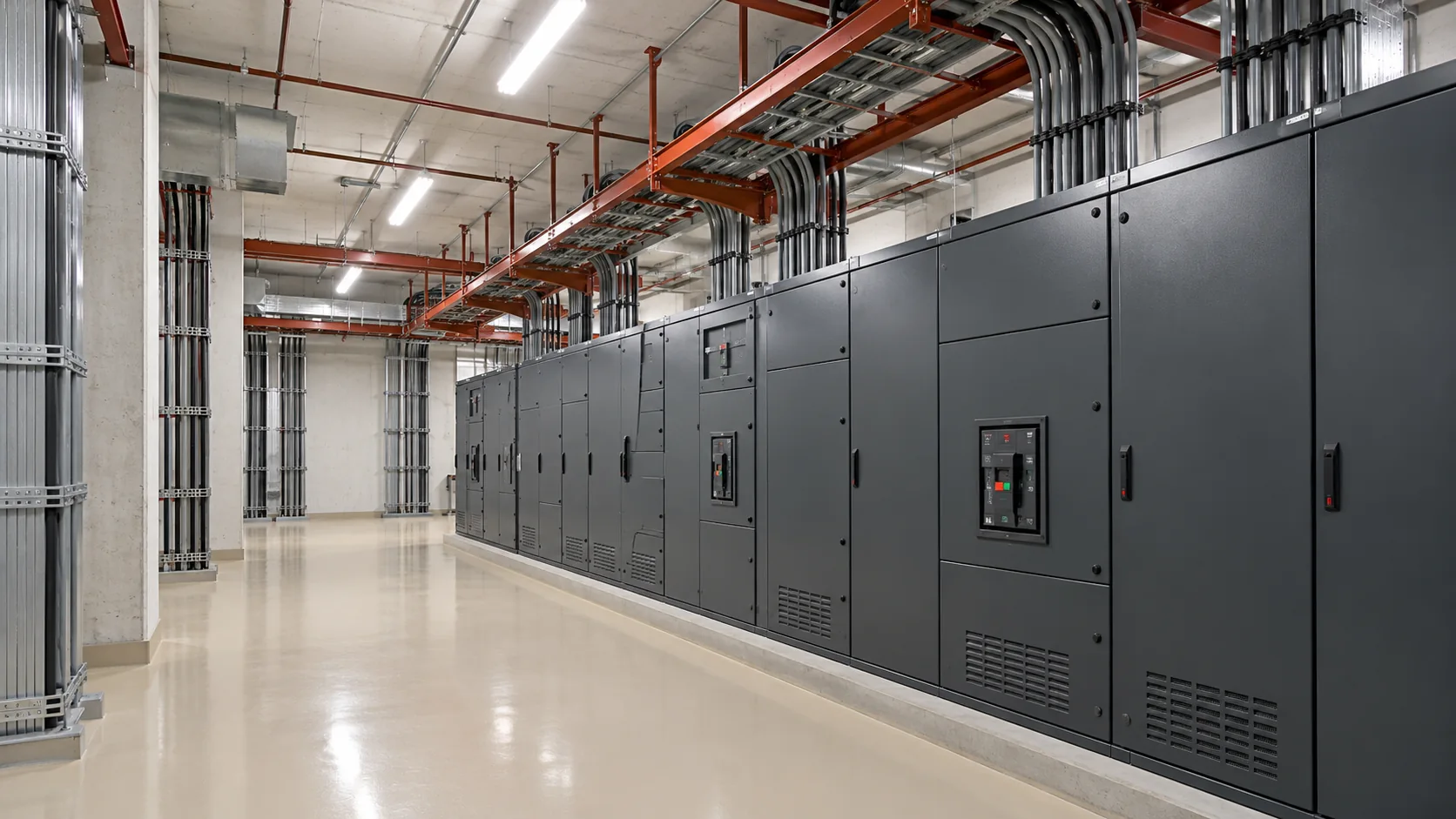 Cuarto eléctrico interior de un centro comercial con cuadros cerrados y canalizaciones