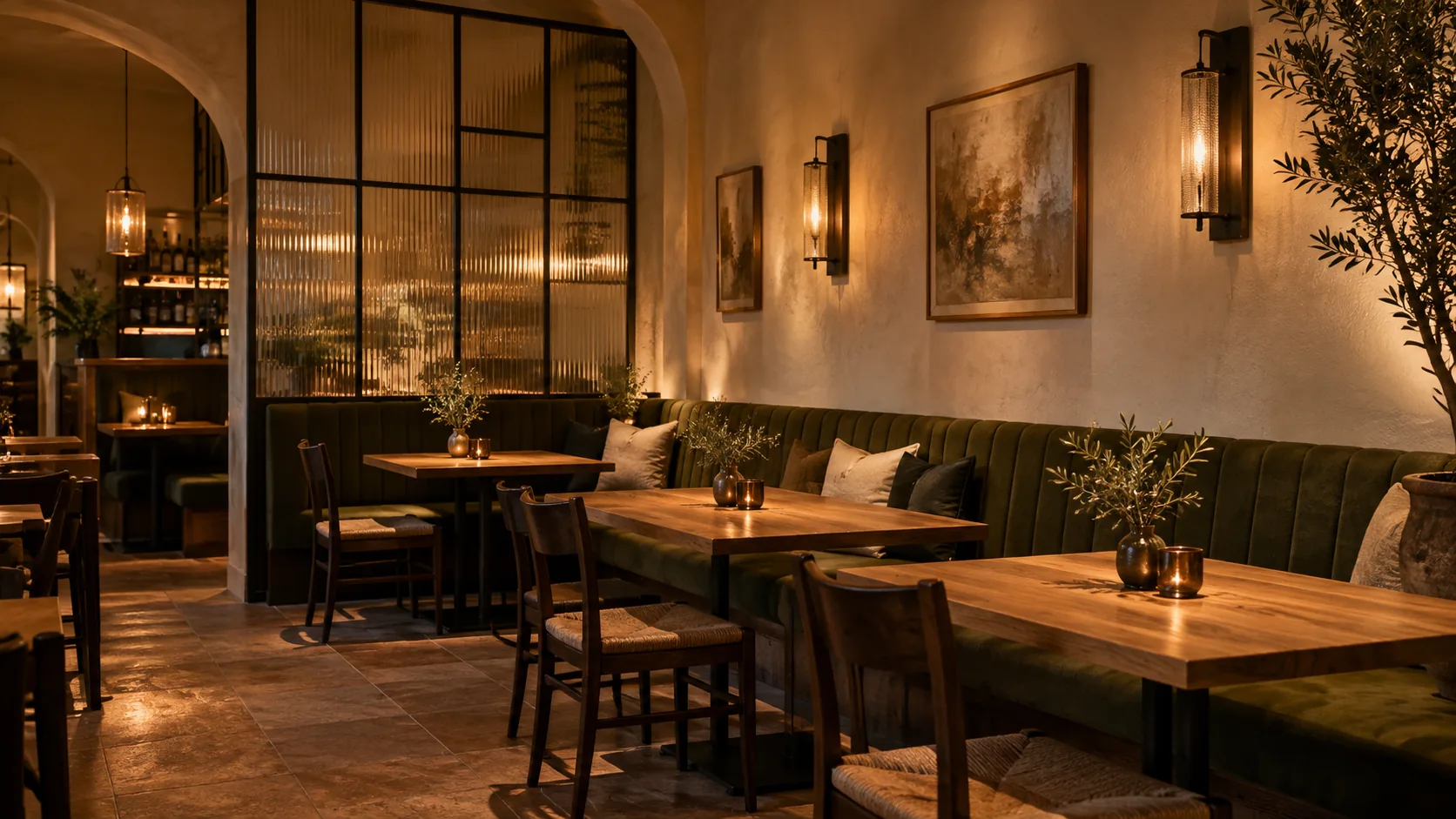 Zona de mesas de un bar con iluminación independiente