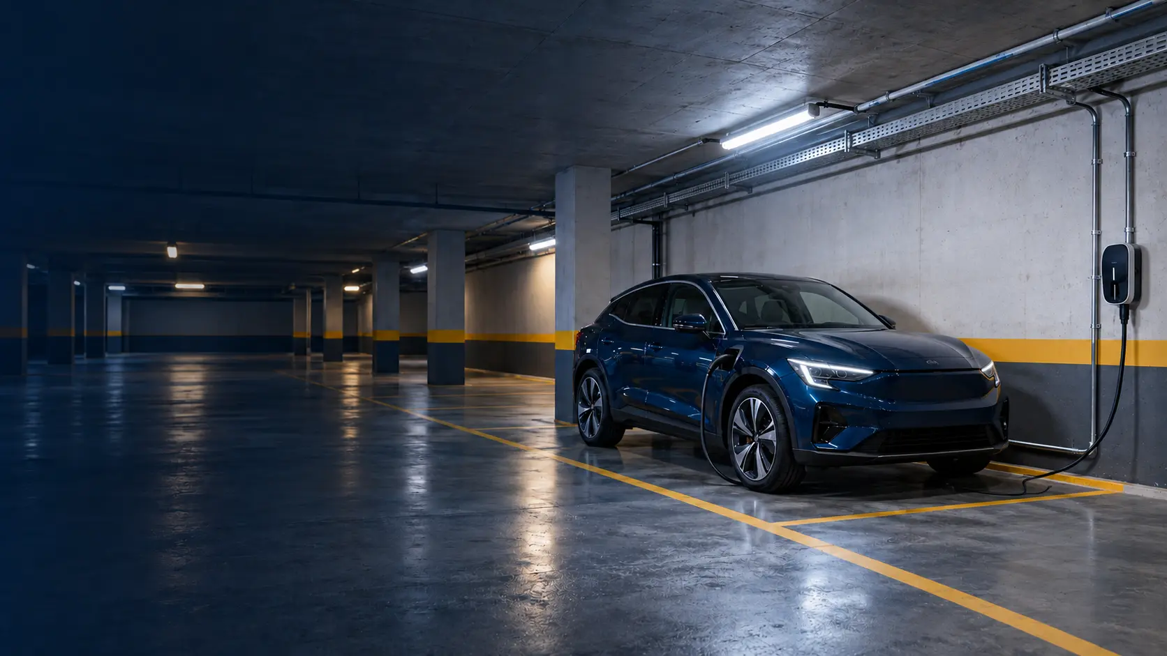 Imagen ilustrativa de un coche eléctrico azul conectado a un cargador en un garaje comunitario con canalizaciones y plazas disponibles