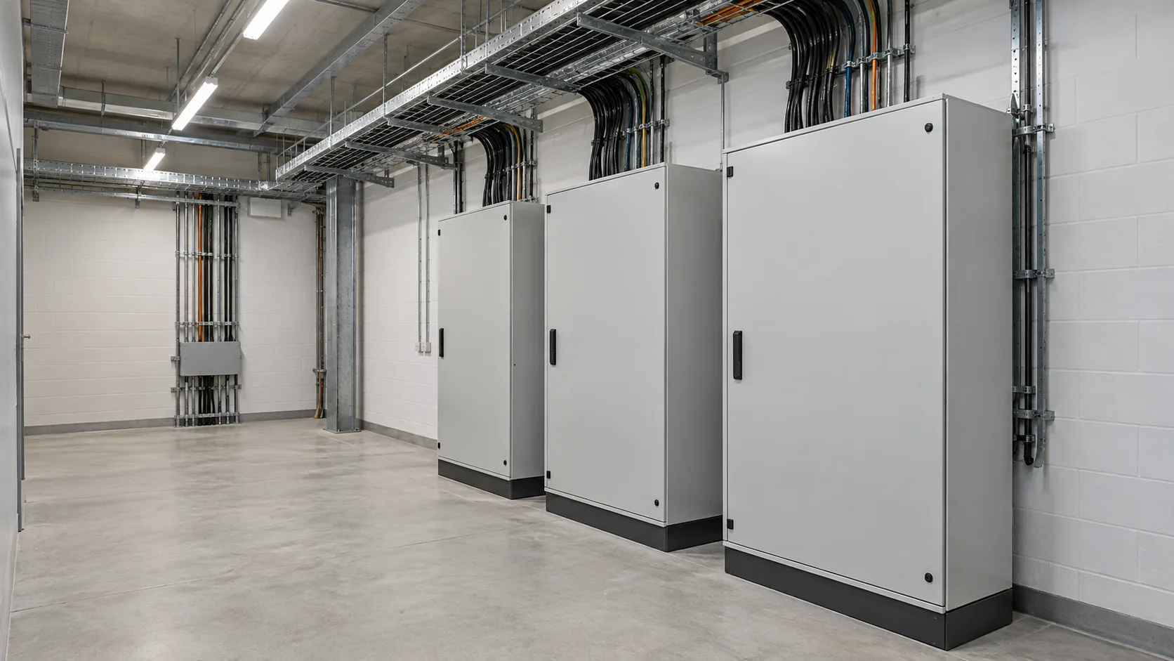 Cuadros de distribución eléctrica en una sala técnica interior de un centro logístico