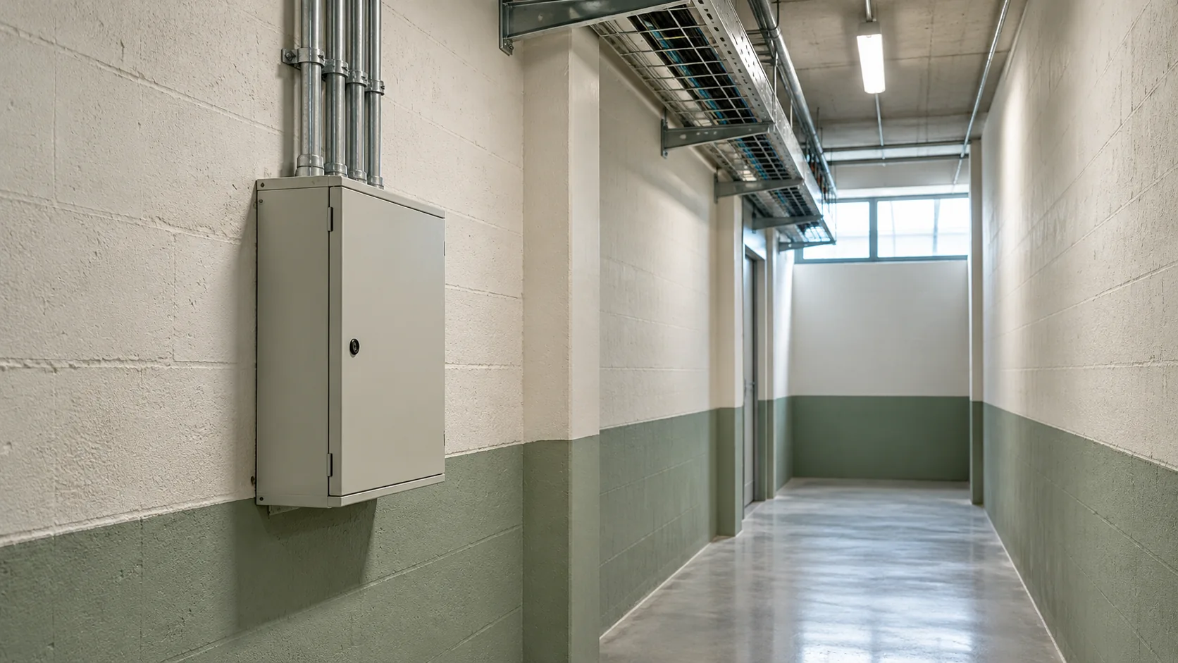 Distribución eléctrica y canalizaciones en un pasillo técnico interior