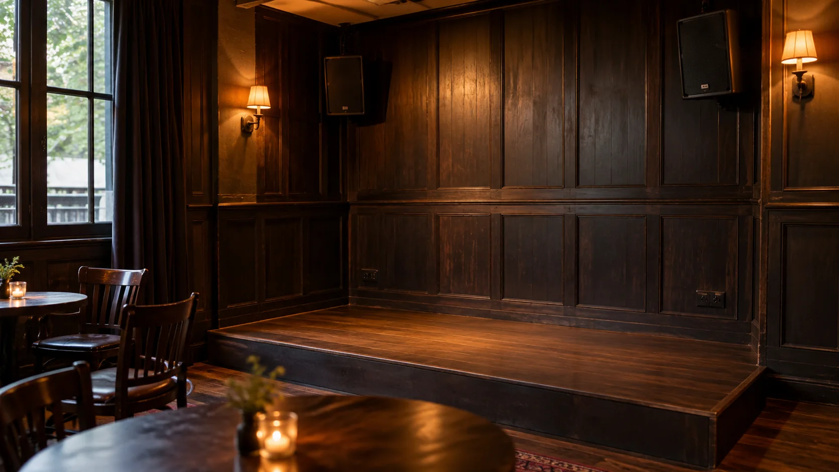 Zona de sonido y tomas interiores de un pub