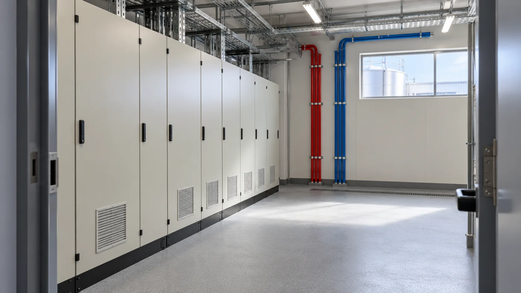 Sala técnica interior con cuadros eléctricos cerrados para una planta alimentaria