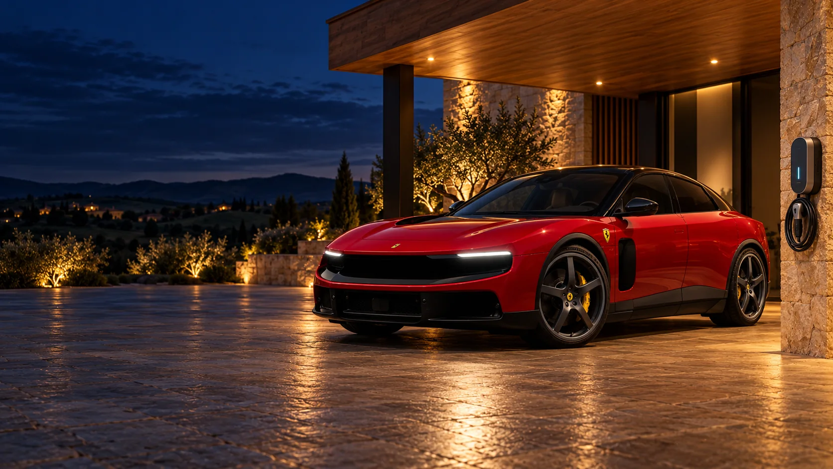 Imagen ilustrativa de un Ferrari Luce rojo bajo un porche nocturno junto a un cargador con el cable recogido en su soporte