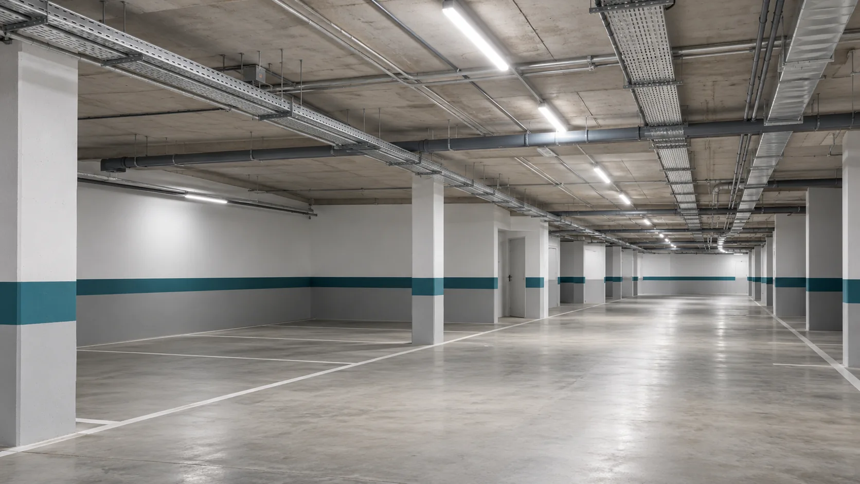 Garaje comunitario con iluminación y recorridos de canalización previstos para instalaciones eléctricas
