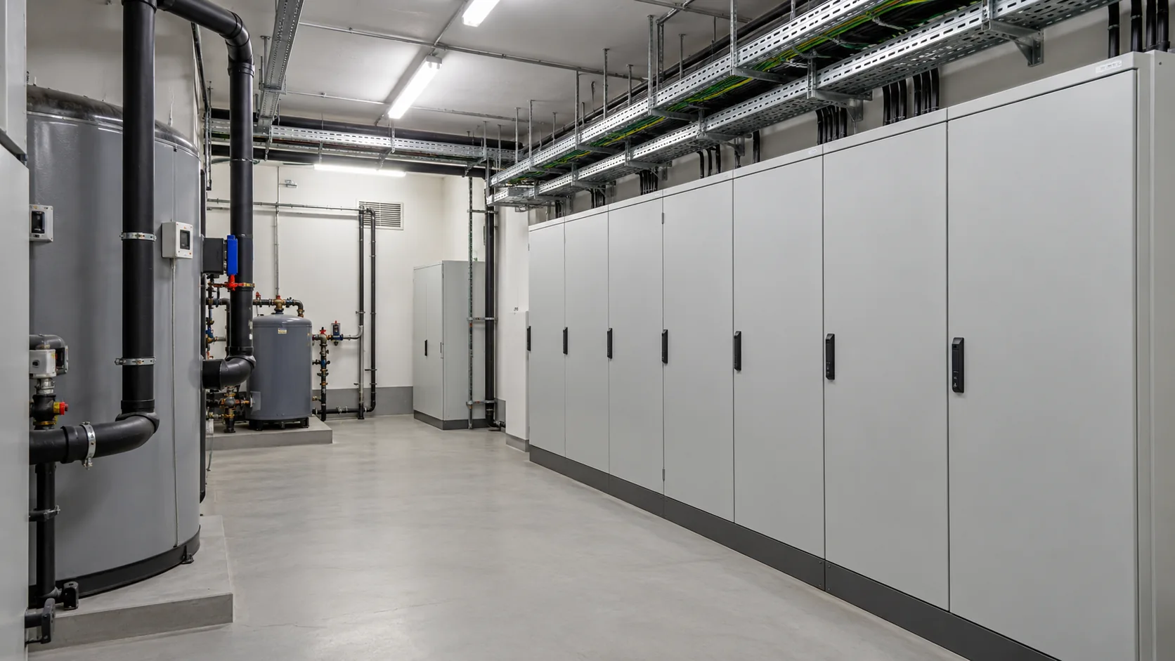 Sala técnica interior con cuadros eléctricos cerrados y canalizaciones ordenadas