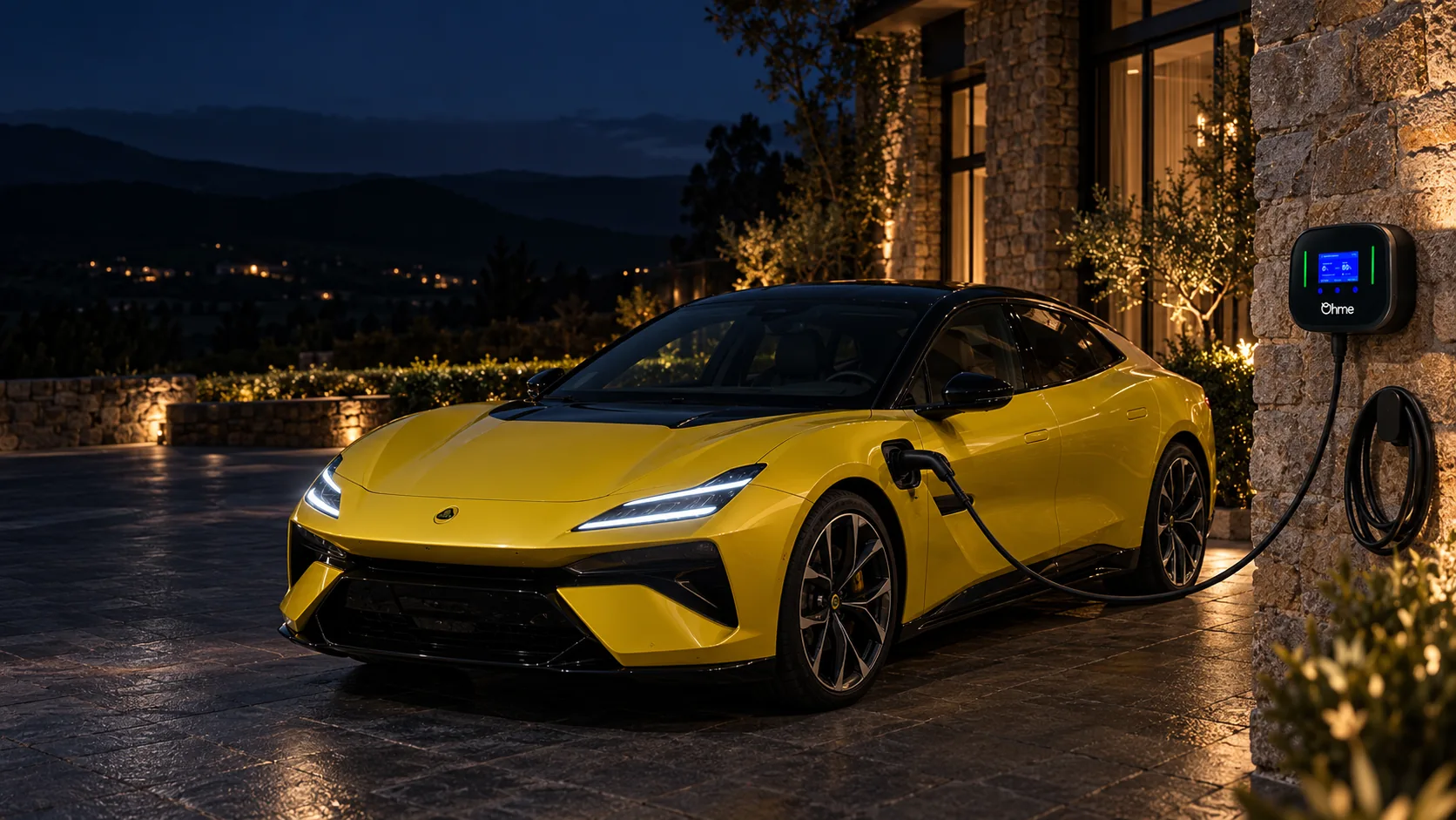 Imagen ilustrativa de un Lotus Emeya amarillo conectado a un Ohme Home Pro en un aparcamiento exterior nocturno, con el cable elevado