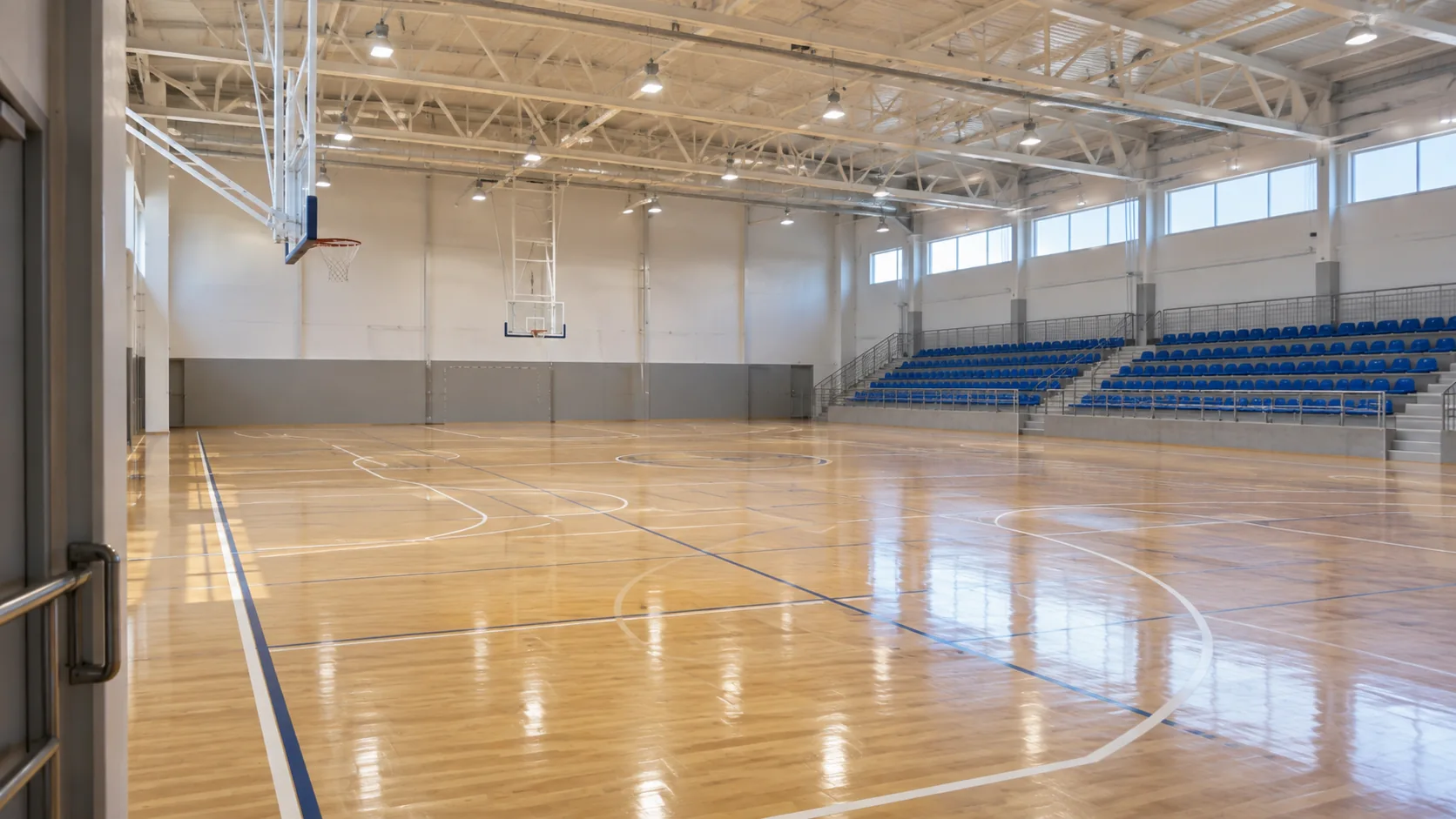 Interior de pabellón deportivo con iluminación de pista