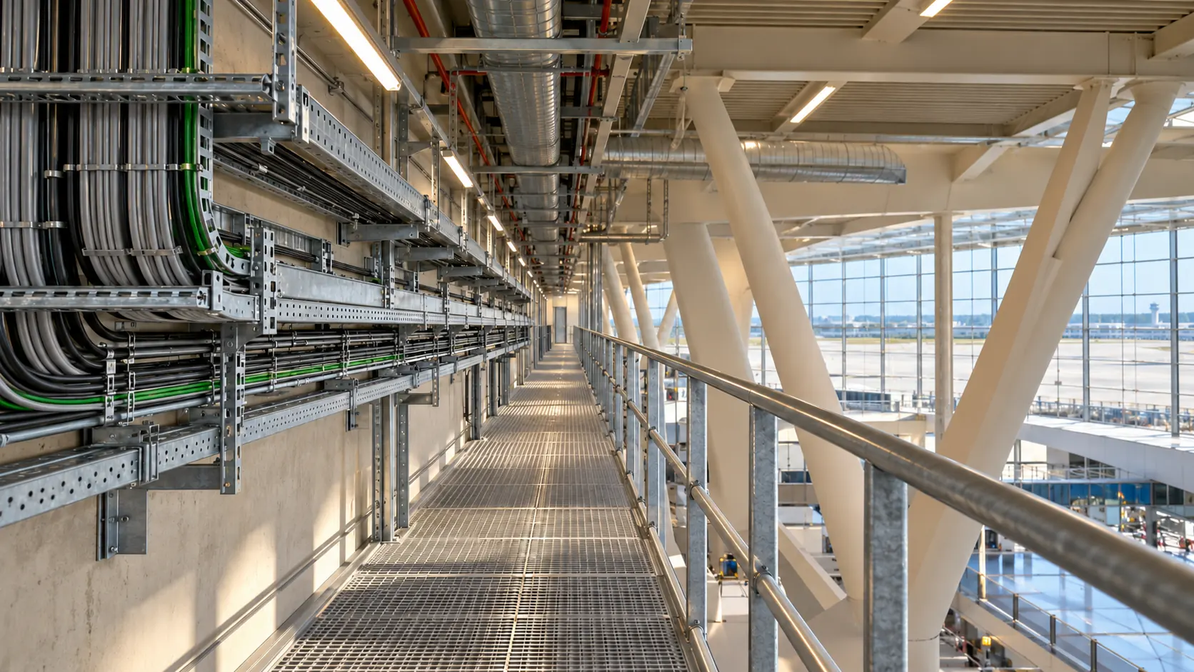 Galería técnica interior con bandejas y acceso de mantenimiento