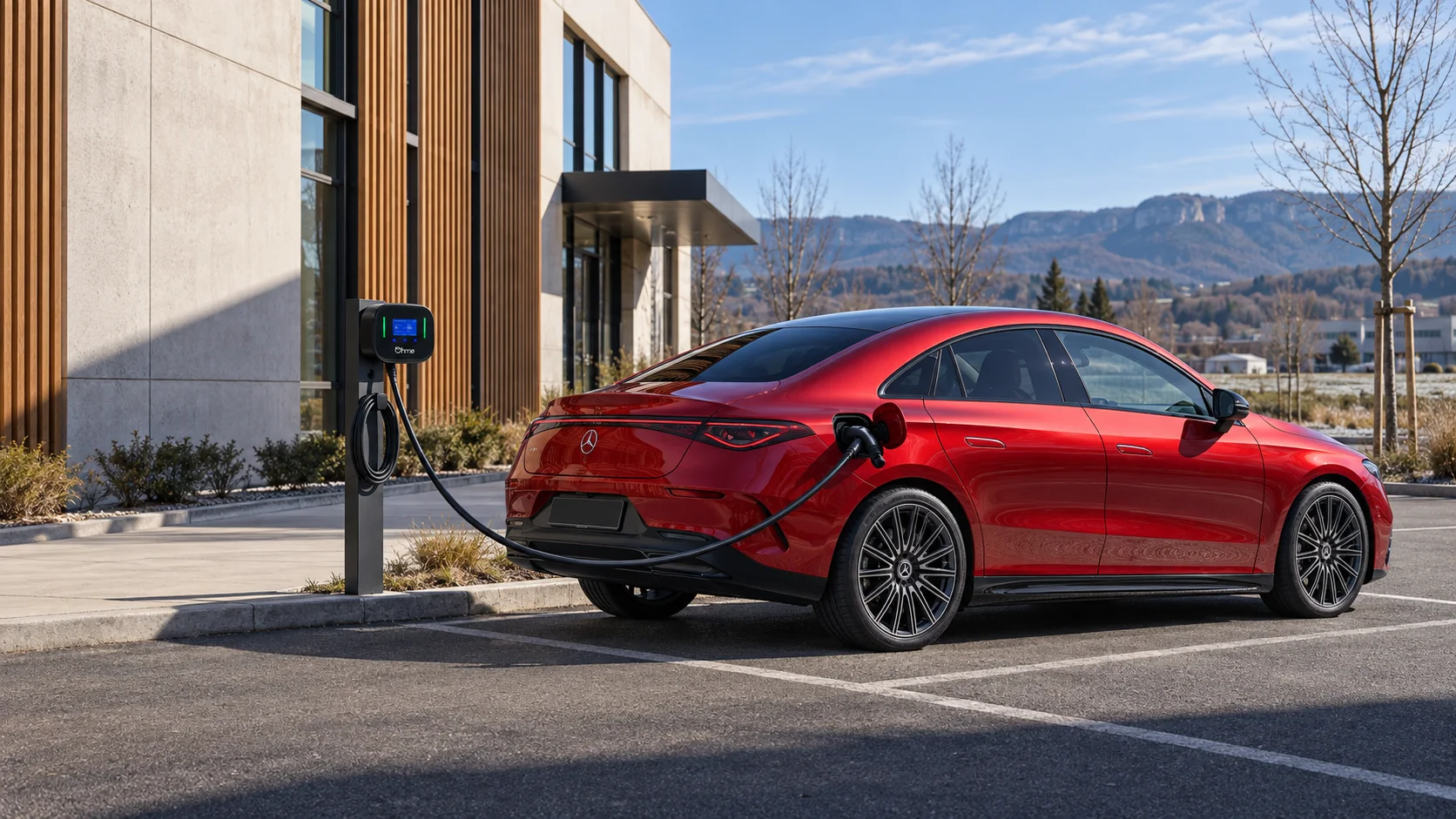 Mercedes CLA eléctrico rojo conectado a un Ohme Home Pro en un aparcamiento de empresa de día, con el cable suspendido sobre el suelo. Escena ilustrativa generada con IA.