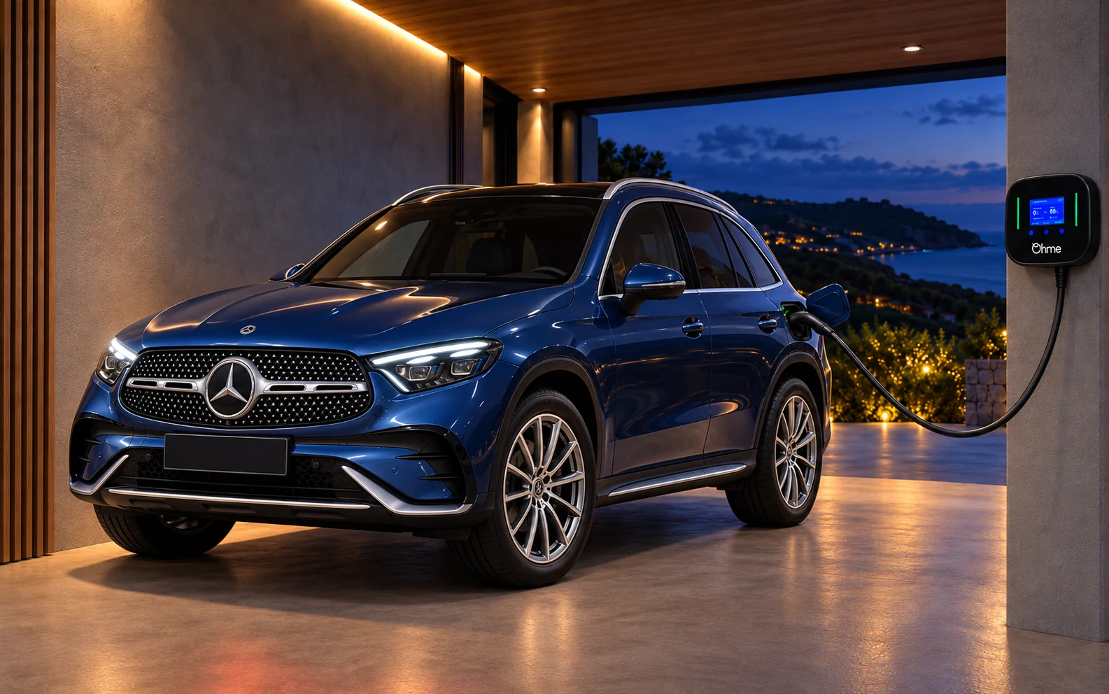Imagen ilustrativa de un Mercedes-Benz GLC 300 e azul conectado a un Ohme Home Pro en un garaje costero de noche, con el cable elevado