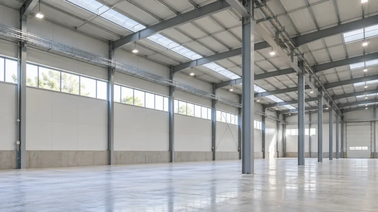 Nave industrial luminosa con estructura metálica, canalizaciones e iluminación