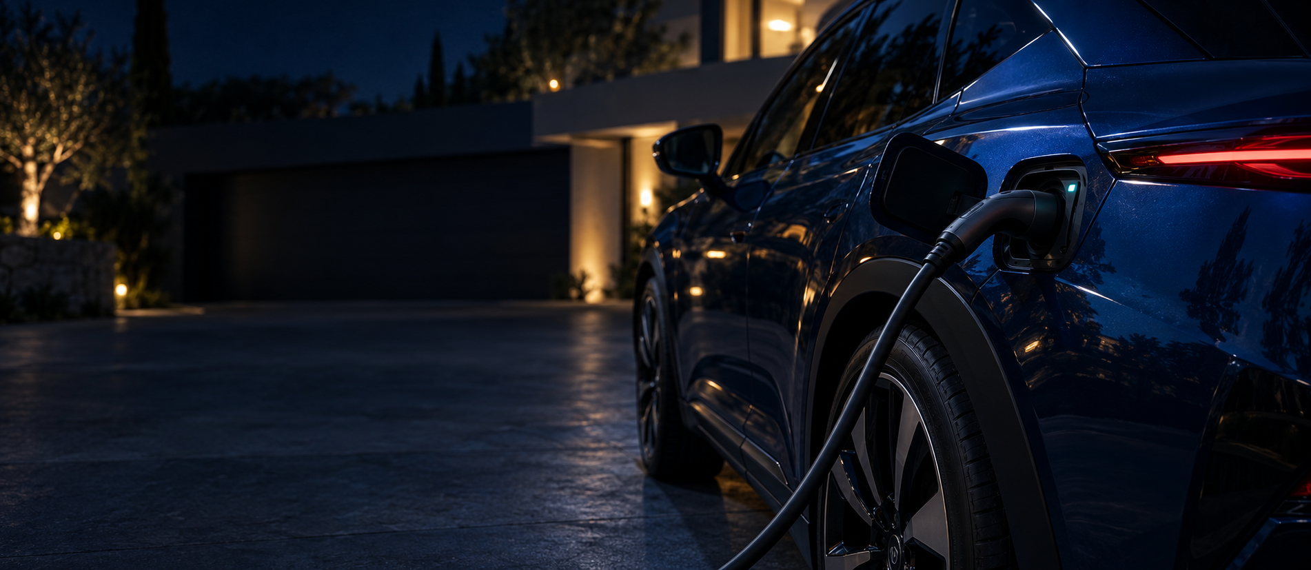 Imagen ilustrativa de un coche eléctrico azul cargando de noche junto a una vivienda