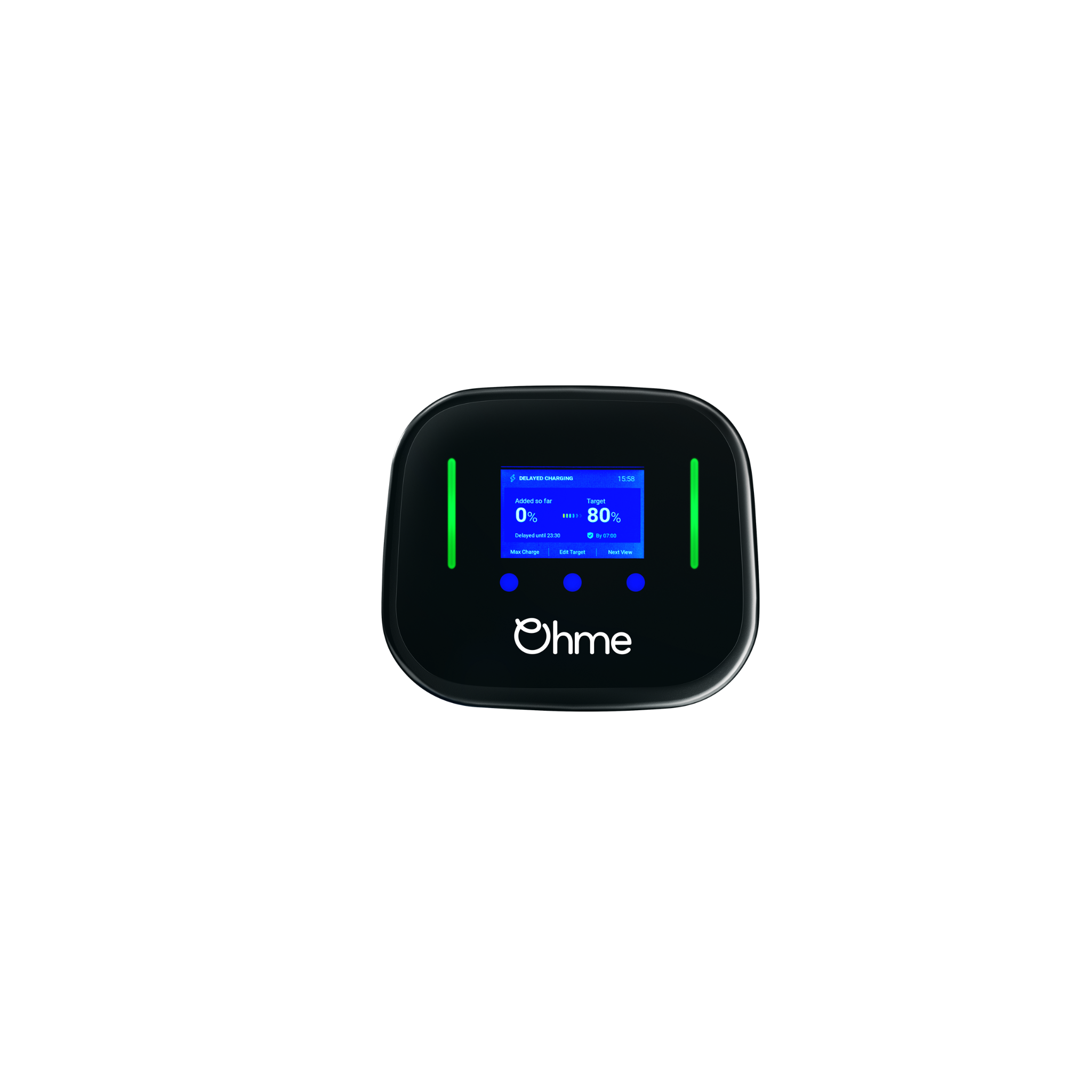 Ohme Home Pro con pantalla LCD, botones de control y luces de estado