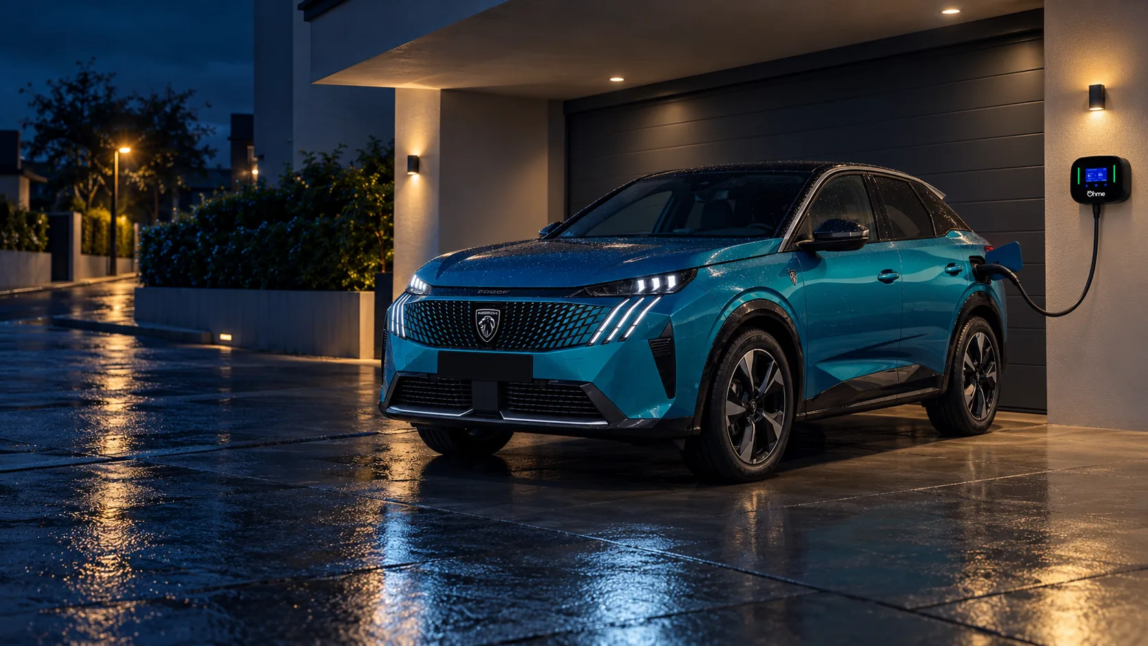 Imagen ilustrativa de un Peugeot E-3008 azul conectado a un Ohme Home Pro en un garaje cubierto de noche, con la calzada húmeda y el cable suspendido