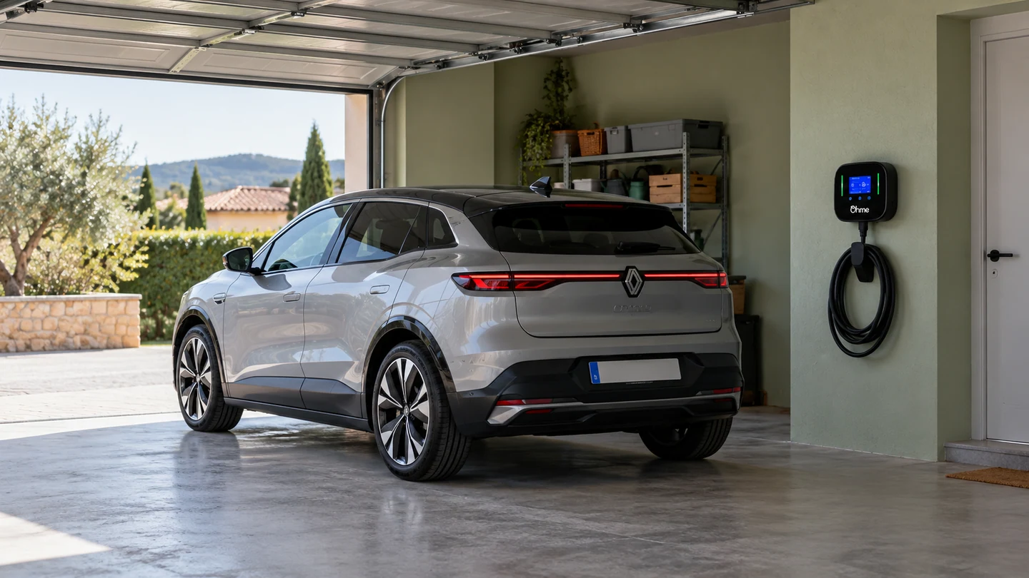 Escena ilustrativa de coche eléctrico y cargador Ohme