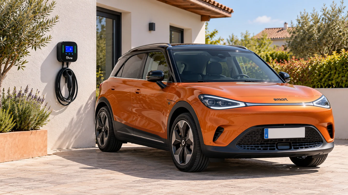 Escena ilustrativa de coche eléctrico y cargador Ohme