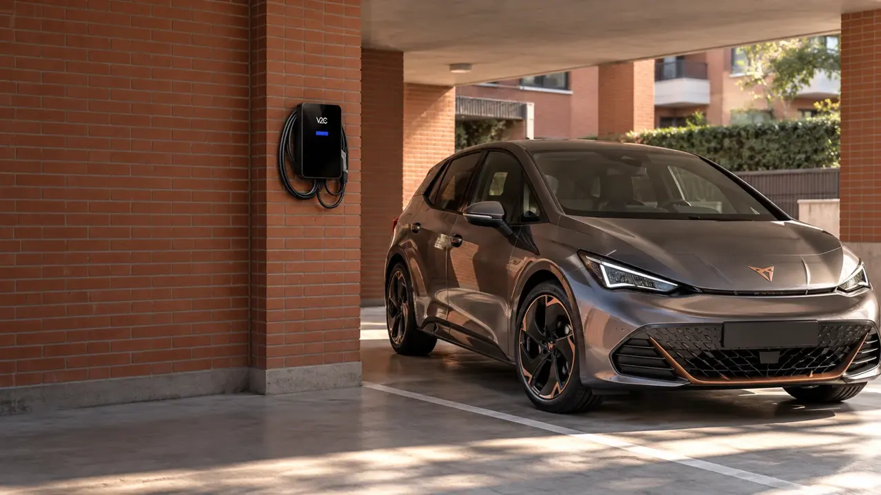 Escena ilustrativa de coche eléctrico y cargador V2C Trydan