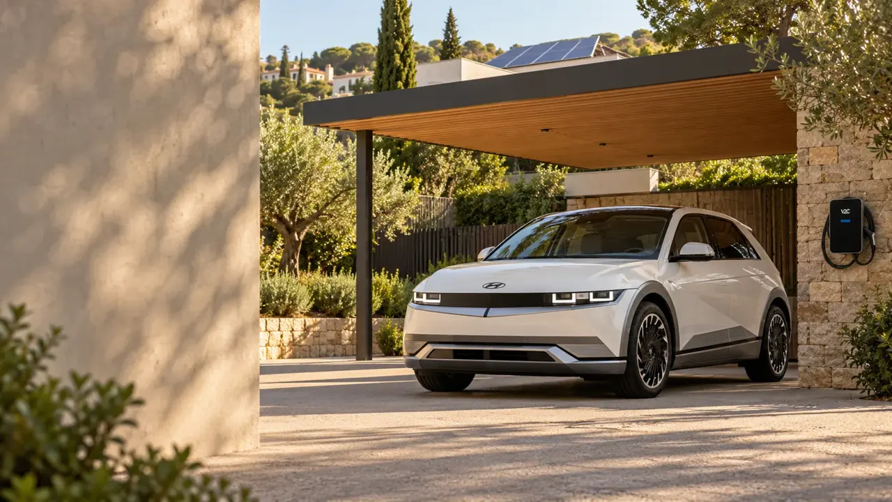Escena ilustrativa de coche eléctrico y cargador V2C Trydan