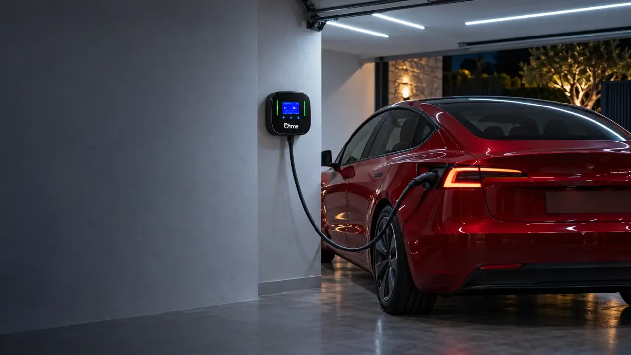 Escena ilustrativa de coche eléctrico y cargador Ohme