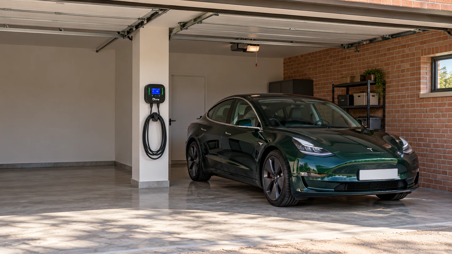 Escena ilustrativa de coche eléctrico y cargador Ohme