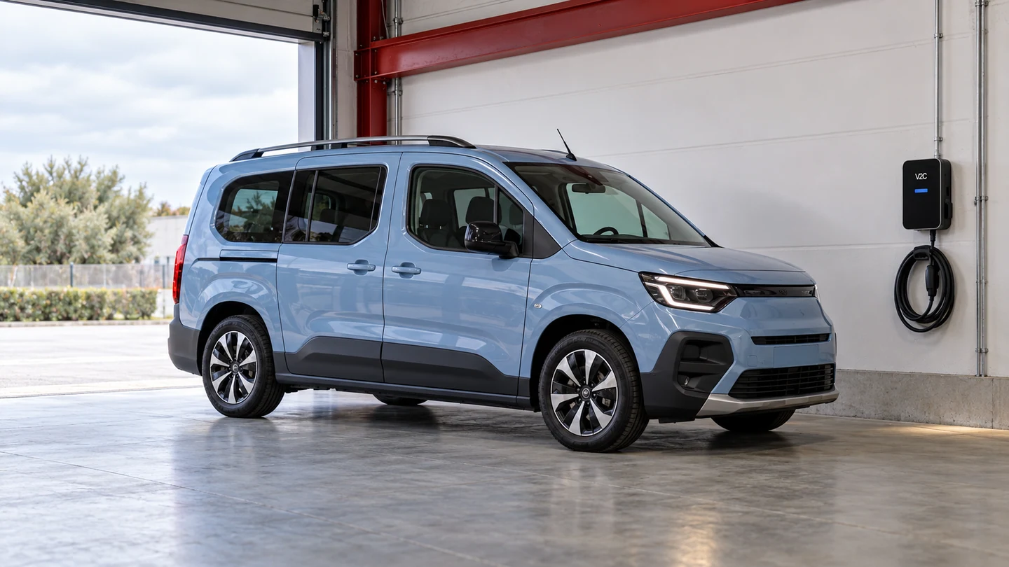 Escena ilustrativa de coche eléctrico y cargador V2C Trydan
