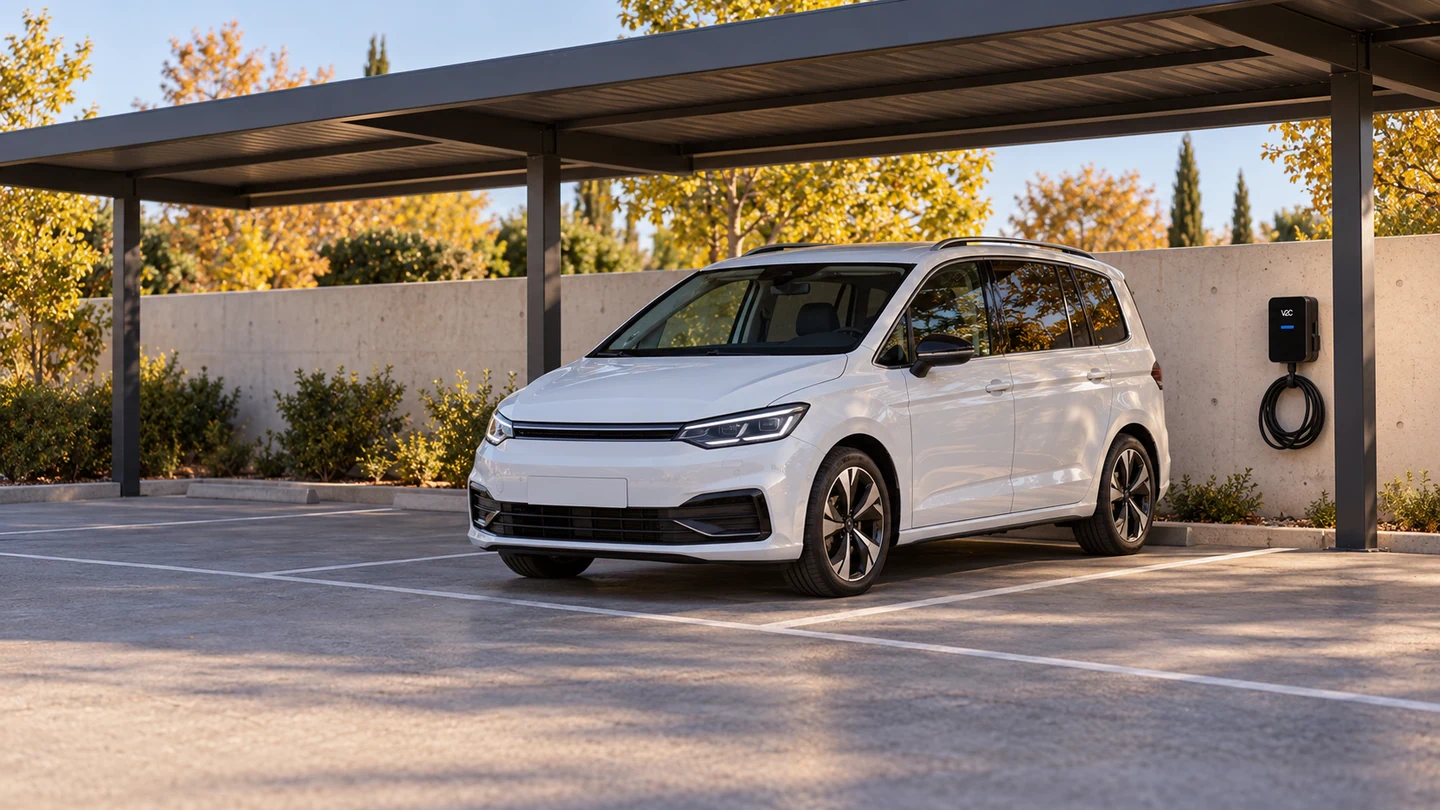 Escena ilustrativa de coche eléctrico y cargador V2C Trydan