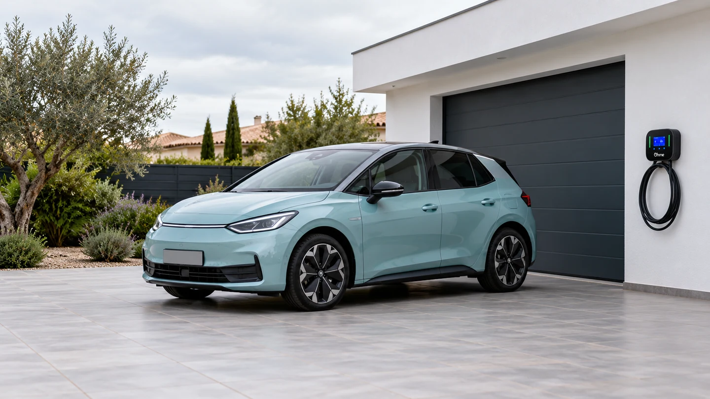 Escena ilustrativa de coche eléctrico y cargador Ohme
