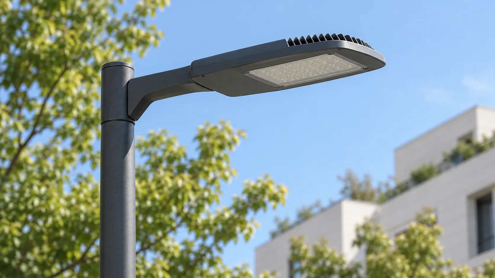 Detalle de una luminaria LED de alumbrado público y su soporte