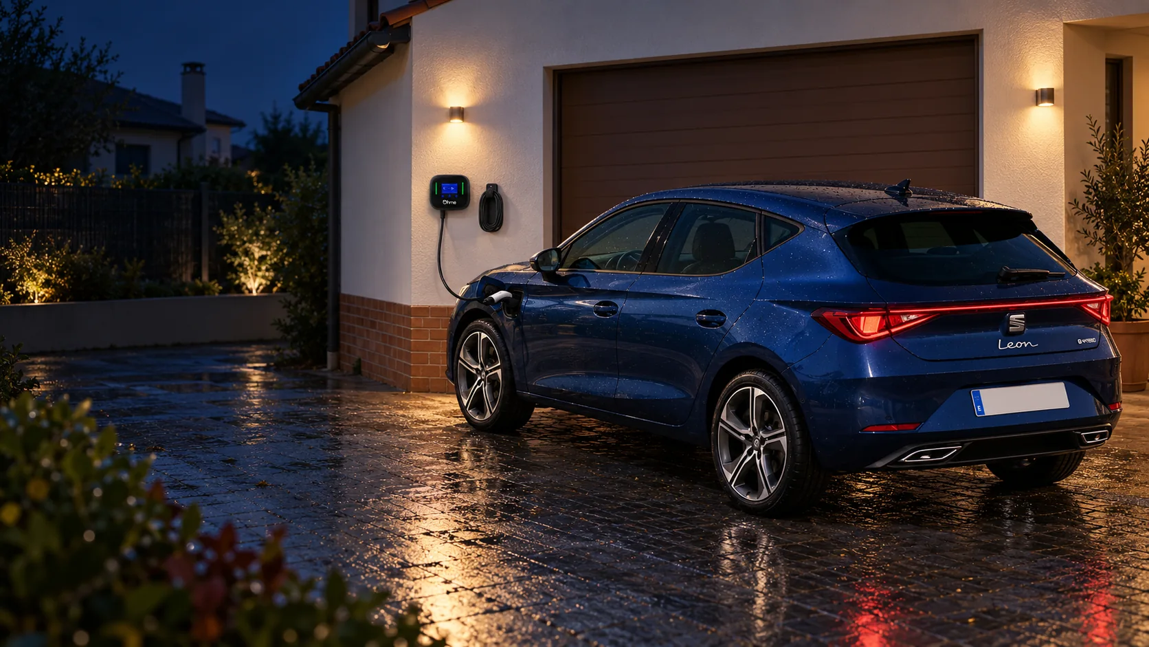 Imagen ilustrativa de un SEAT León e-HYBRID azul conectado a un Ohme Home Pro junto a una vivienda, de noche y con el cable elevado
