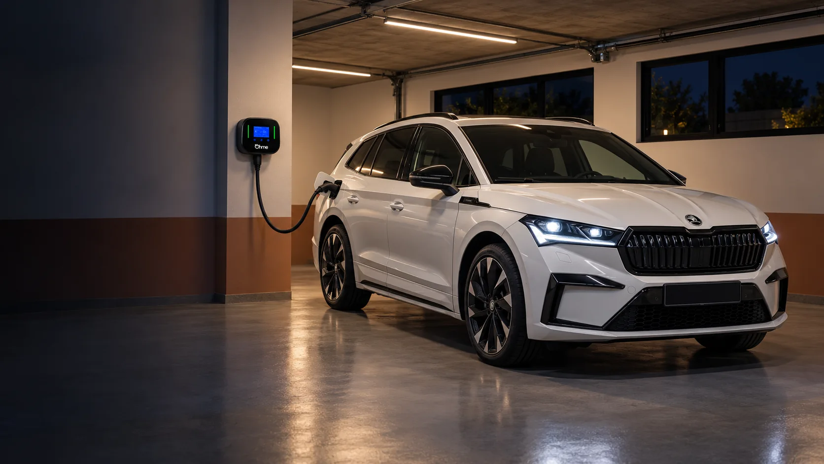 Škoda Enyaq Sportline blanco conectado a un Ohme Home Pro en un garaje interior nocturno; cable elevado. Escena ilustrativa generada con IA.