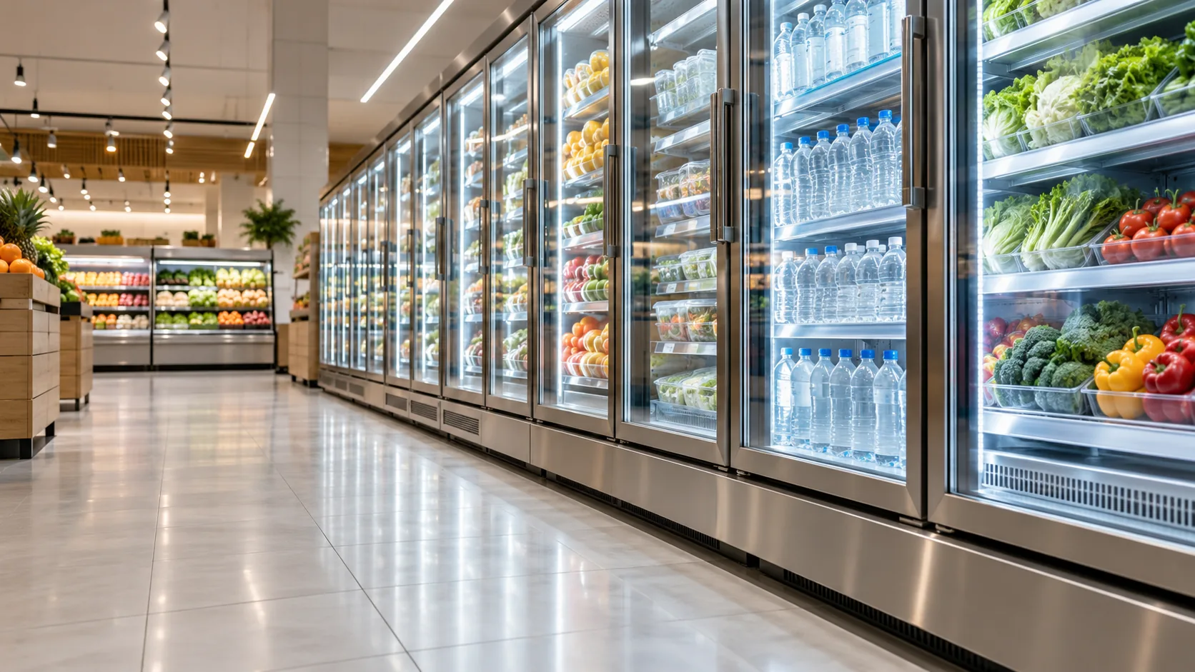 Zona de refrigerados de un supermercado con iluminación integrada en los muebles
