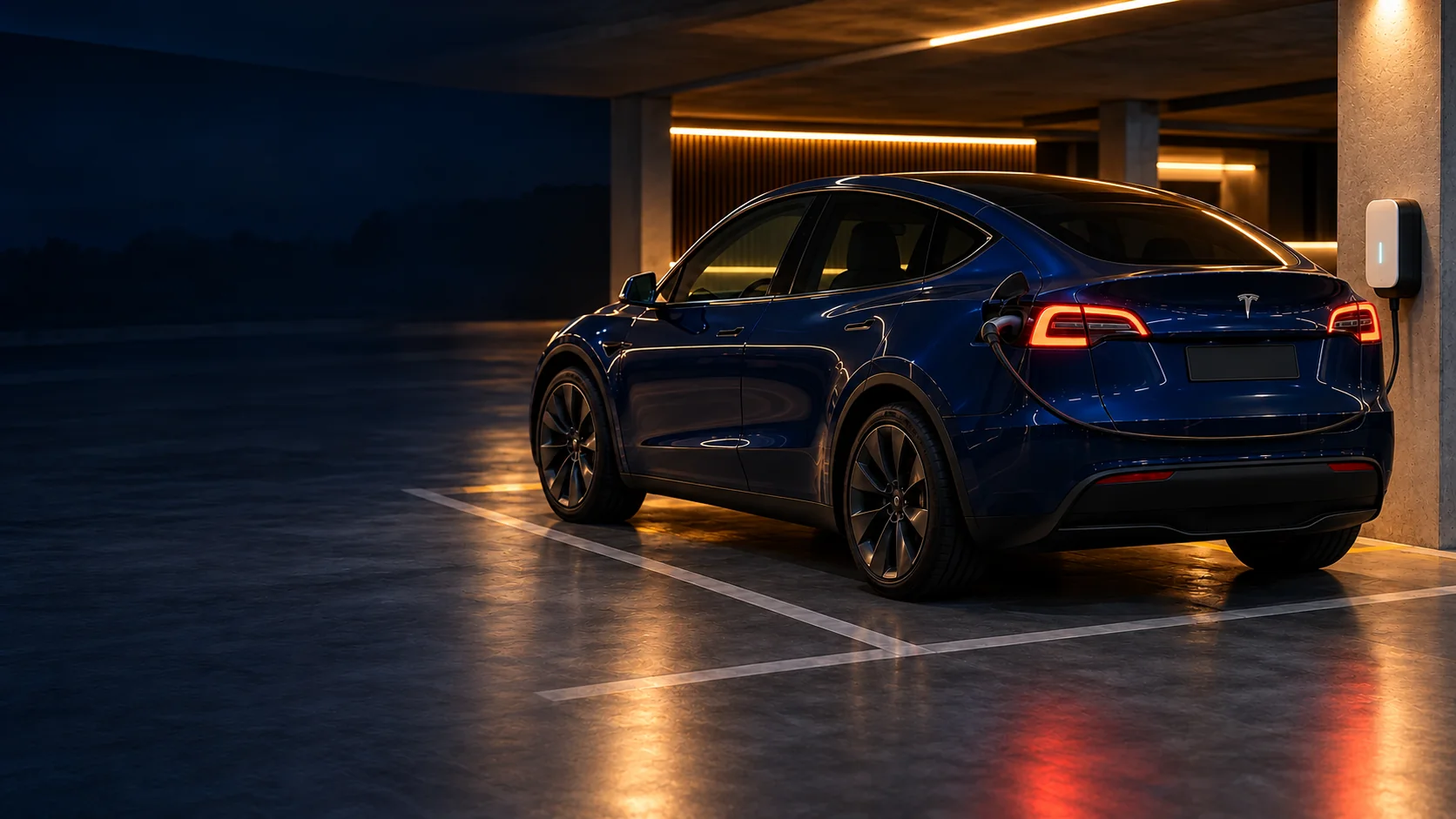 Imagen ilustrativa de un Tesla Model Y azul cargando de noche con el cable elevado del suelo